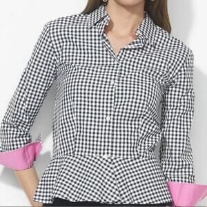 Lauren Ralph Lauren Gingham Peplum Button Front Shirt Black White‎ Preppy Fall